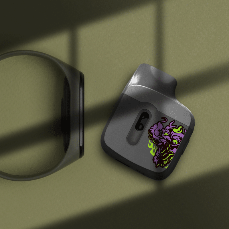 Stylish earbud case with mythical design and minimalist wristband on olive green background   MunchMakers