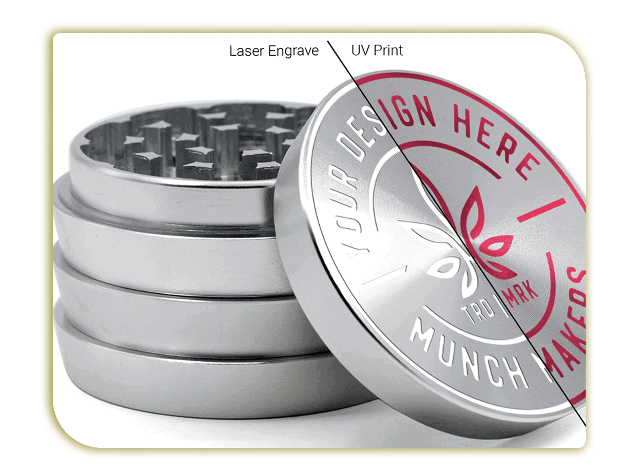 Customizable metallic herb grinders with sleek design and personalization options for gifts and branding   MunchMakers