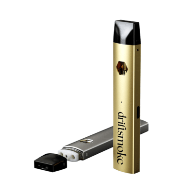 Stylish gold Driftsmoke pod system with sleek design and detachable gray pod for modern vaping.