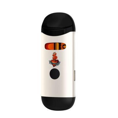 Stylish white and black vaping device with vibrant dragon graphic and user-friendly design.