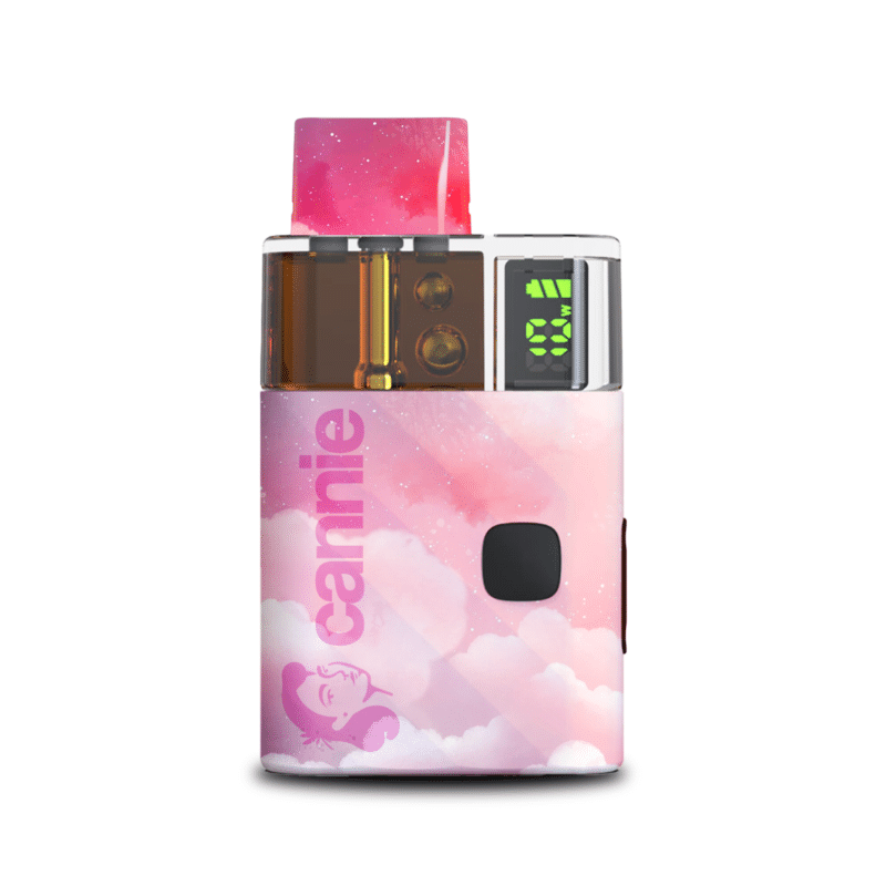 Sleek pink and white pod vaping device with digital display and playful branding   MunchMakers