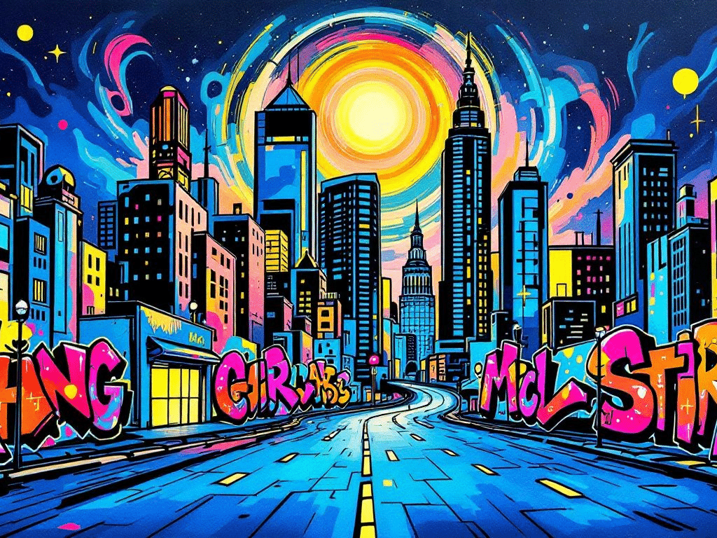 Vibrant neon city skyline with artistic streets and bold graffiti murals under a surreal sunset sky   MunchMakers