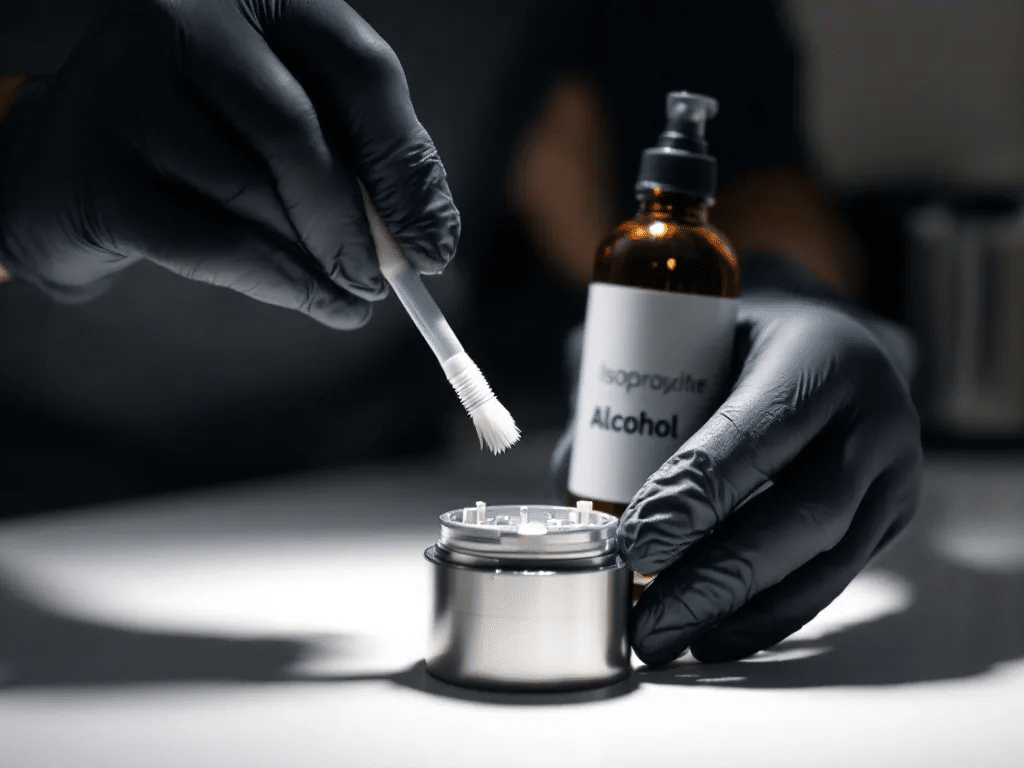 A person cleaning a dry herb grinder with a brush and isopropyl alcohol   MunchMakers